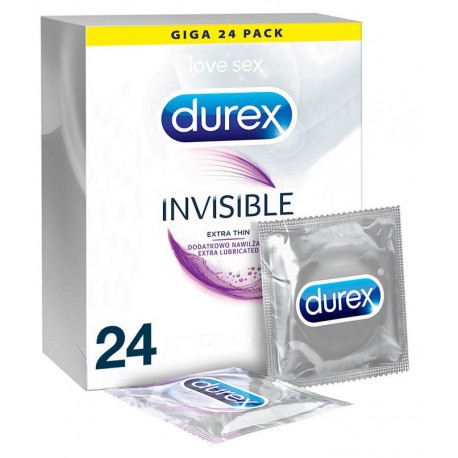 Durex Invisible Extra Lubricated prezervatīvi 24 gab iepakojumā.