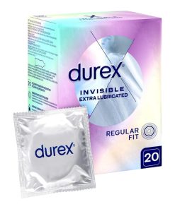 Invisible Extra Lubricated 20 gab. durex prezervatīvi Durex Invisible Extra Lubricated 20 vnt. prezervatyvų dėžutė