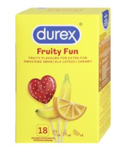 Fruity Fun 18 gab. durex prezervatīvi 1 Durex Fruity Fun 18 vnt. prezervatyvų dėžutė