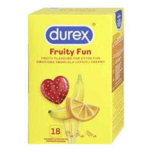 Fruity Fun 18 gab. durex prezervatīvi 2 Durex Fruity Fun 18 vnt. prezervatyvų dėžutė