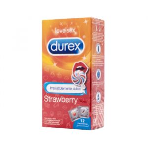 Strawberry 12 gab. durex prezervatīvi Durex Strawberry 12 vnt. prezervatyvų dėžutė