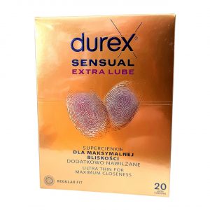 Sensual Extra Lube 20 gab. durex prezervatīvi 1 Durex Sensual Extra Lube 20 vnt. prezervatyvų dėžutė