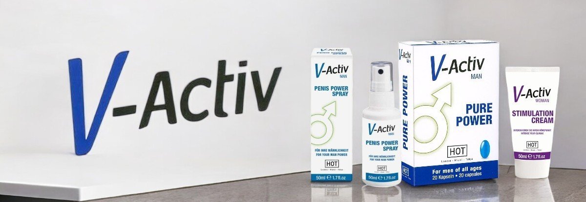 Man Penis Power Spray afrodiziaki V-Activ prekės ženklo puslapio iliustracija