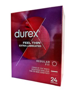 Feel Thin Extra Lubricated 24 gab. durex prezervatīvi Durex Feel Thin Extra Lubricated 24 vnt. prezervatyvų dėžutė